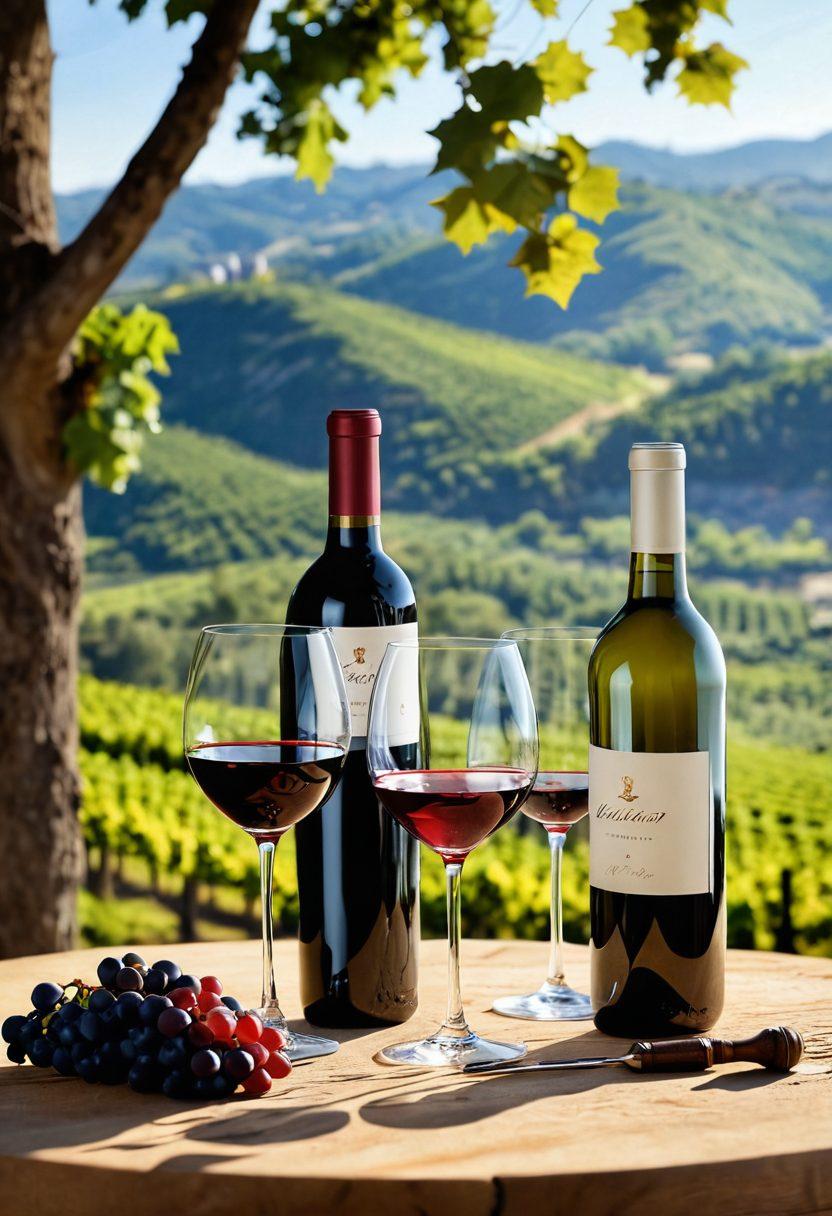 A beautifully arranged wine tasting scene featuring an elegant table set with various glasses of red and white wines, surrounded by lush vineyards and rolling hills in the background. Include unique wine gadgets like a wine aerator, quirky corkscrews, and stylish bottle openers scattered artfully. The setting should be warm and inviting, with soft sunlight filtering through the leaves. Capture a sense of exploration and indulgence in wine culture. super-realistic. vibrant colors. 3D.