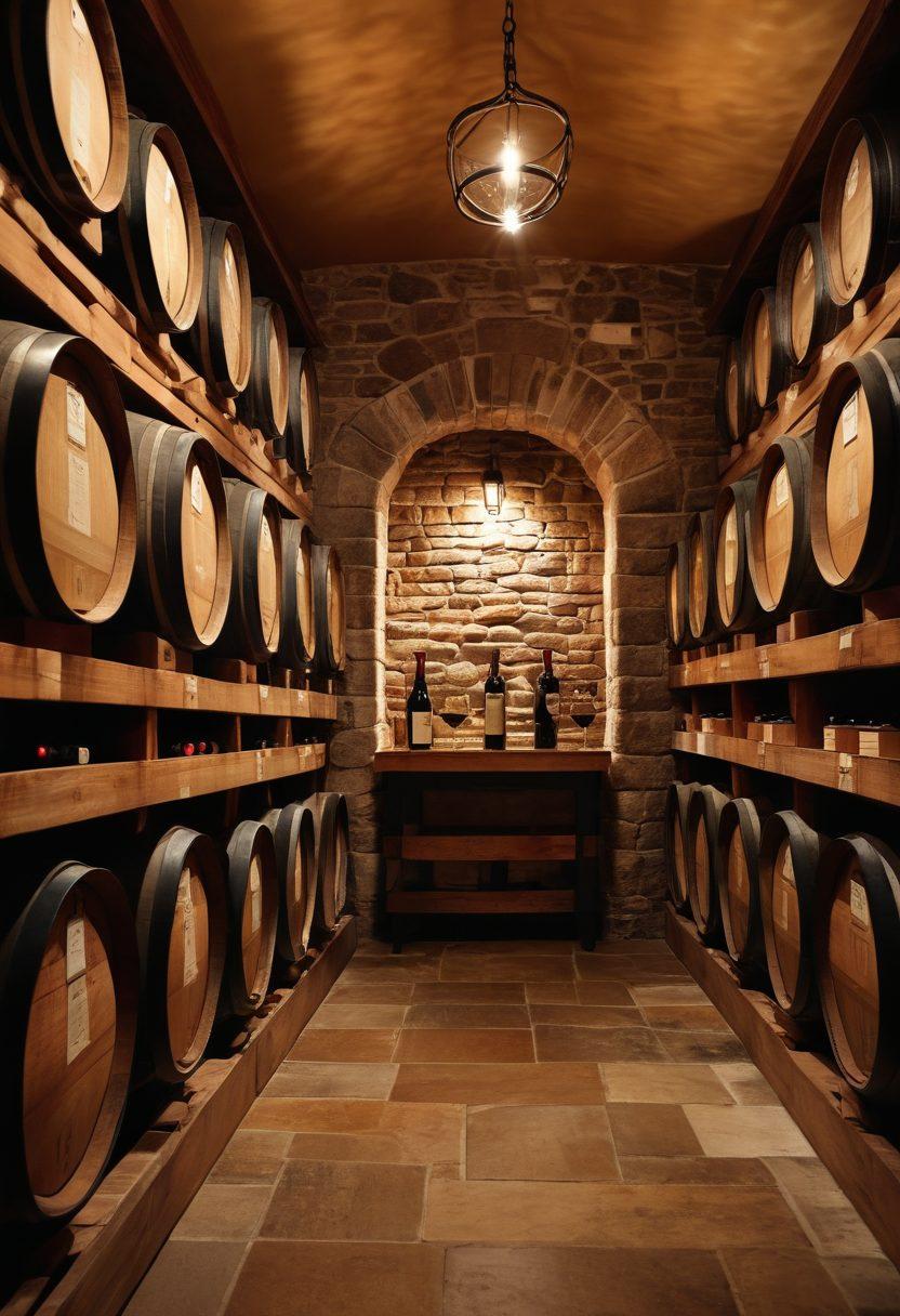 An elegant wine cellar with rows of premium wine bottles reflecting dim ambient lighting. A sommelier engagingly explains the nuances of wine tasting to an attentive couple, with a backdrop of rich wooden barrels and grapevines. Include glasses filled with red and white wine, highlighting various wine labels. Capture a cozy, inviting atmosphere that captivates wine enthusiasts. super-realistic. warm colors. soft focus.