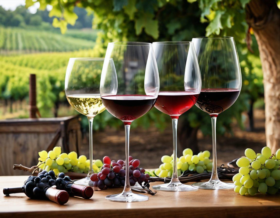 A stylish wine tasting scene featuring elegant wine glasses filled with rich red and white wines, surrounded by unique wine gadgets like aerators and corkscrews. Include lush grapevines in the background to signify the vineyard. The setting should be warm and inviting, capturing the essence of a sophisticated wine experience. super-realistic. vibrant colors. soft focus.